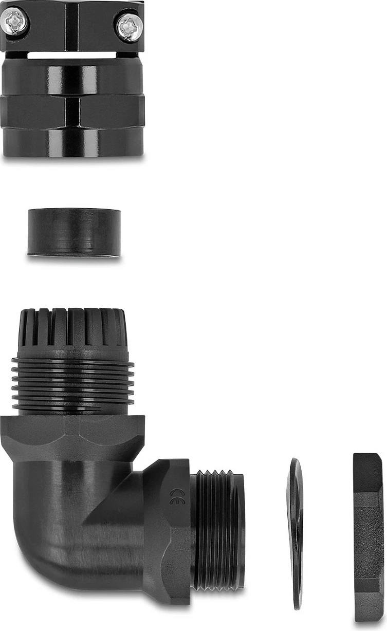 Glandë kablli DeLOCK PG21 90° me lehtësim tërheqjeje, IP68, 13-18 mm, i zi
