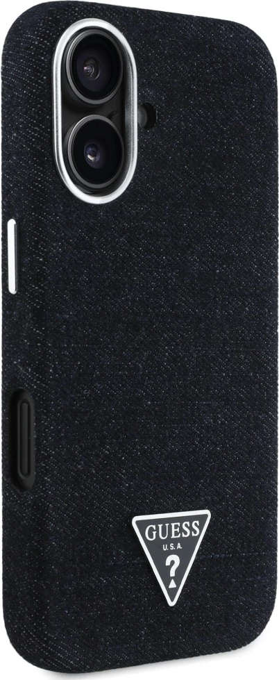 Mbështjellës Guess Denim Triangle Logo MagSafe për iPhone 16, i zi