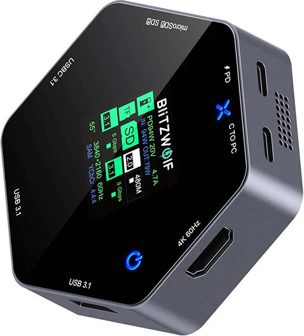 Kasë BlitzWolf BW-TH16 docking station 8-në-1, USB-C, 100W, LCD Smart Display, Gri