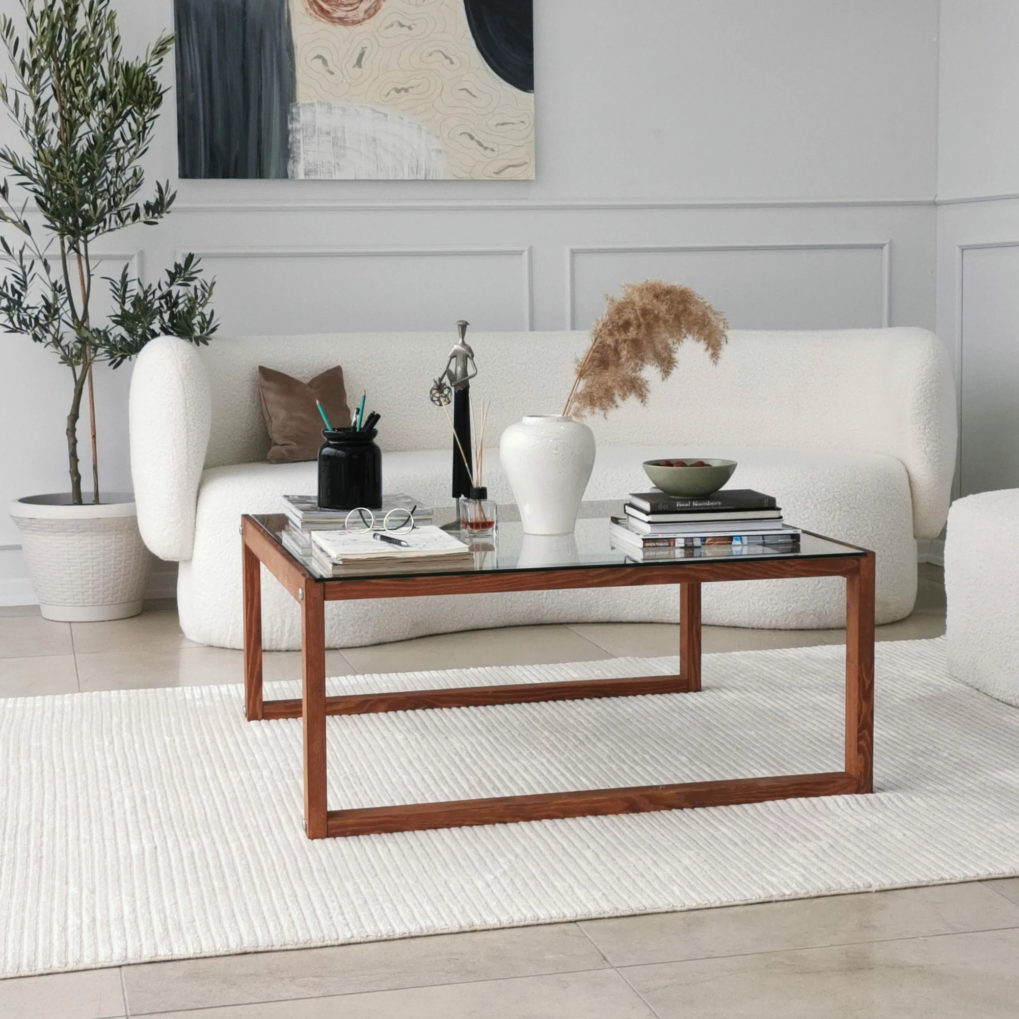 Tavolinë kafeje Hanah Home, Via, ngjyrë druri, xham i temperuar, 90x90x40cm