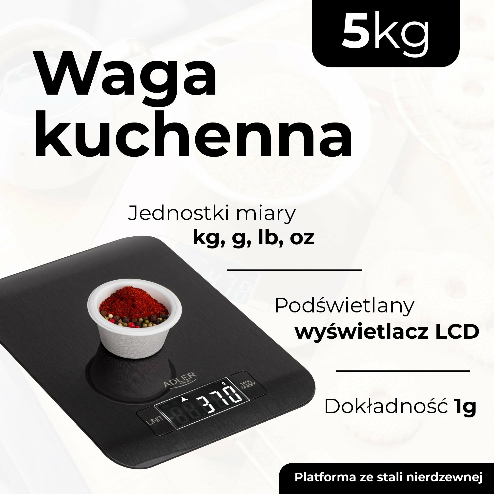 Peshore kuzhine elektronike Adler AD 3183, 5 kg / 1 g, e zezë, me 2x CR2032