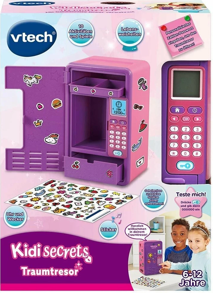 Kasafortë interaktive për sekrete Vtech KidiSecrets Dream Treasure 554154, me kod numerik, ekran LCD, 6 lojëra, orë/alarm, 3xAA, vjollcë