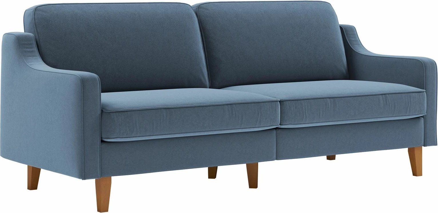 Divan treshe Robin, ngjyrë ocean blue, këmbë dru arre
