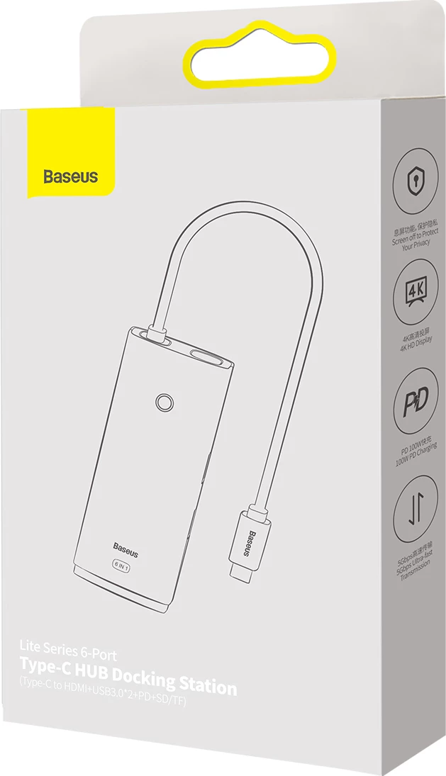 HUB multifunksional Baseus Lite Series WKQX050101, 2x USB 3.0, USB Type-C PD, HDMI 1.4, SD/TF, i zi