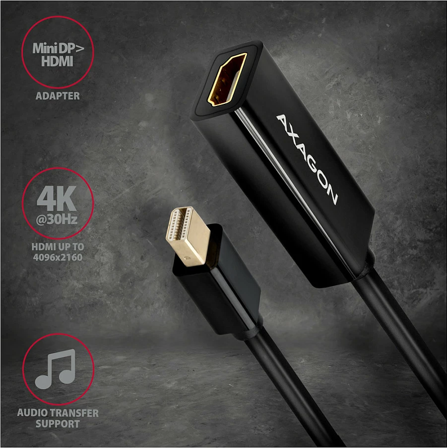 Adapter Mini DisplayPort në HDMI Axagon RVDM-HI14N, 4K 30Hz, 15cm, i zi