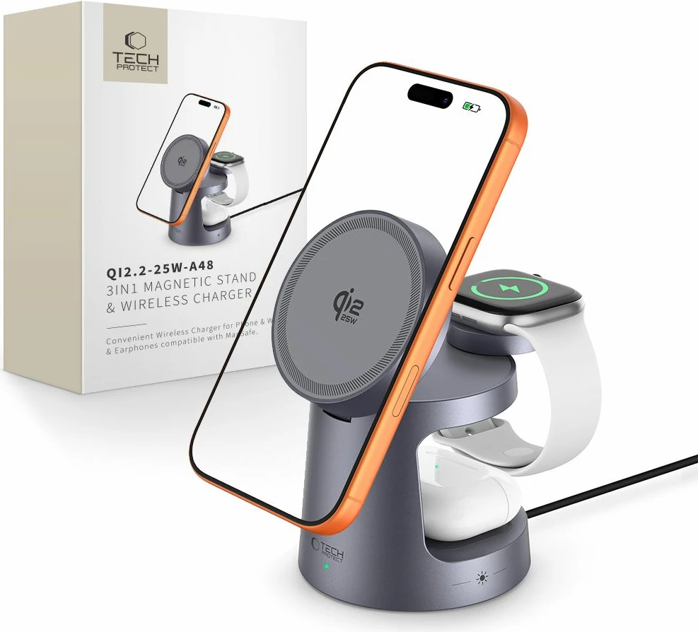 Karikues pa kabllo magnetik 3n1 Tech-Protect QI2.2-25W-A48, MagSafe 25W + Qi/Qi2, për telefon/Apple Watch/TWS, blu navy, me kabllo USB-C në USB-C 1 m