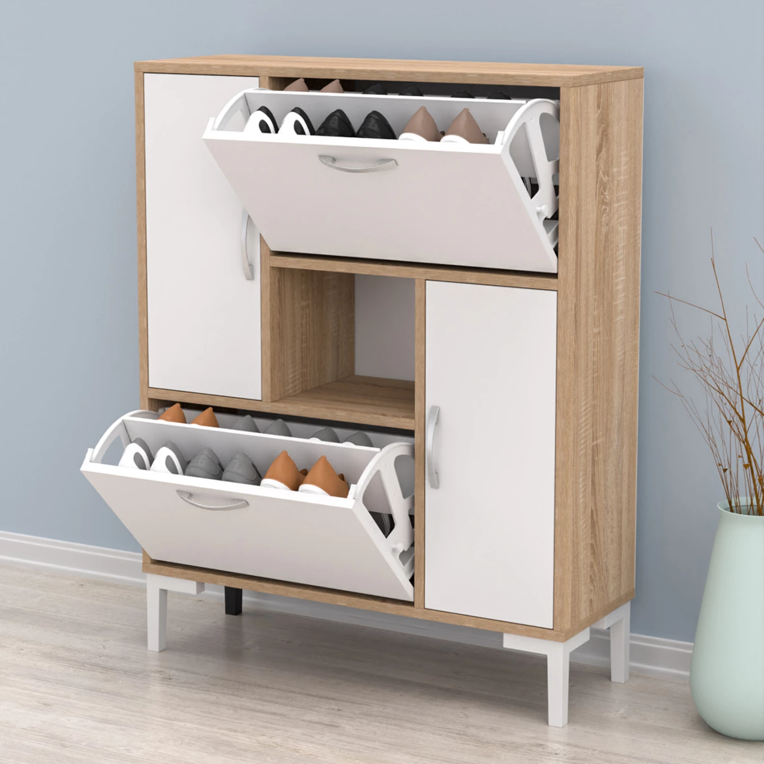 Dollap këpucësh MEDY FH18187.04 melaminë, këmbë të bardha, 86,5x30x109H cm