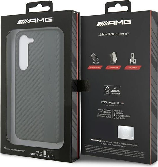 Mbështjellës Mercedes AMG AMHCS23SBLSCA për Samsung Galaxy S23, hardcase, Carbon Stripe & Embossed, i zi