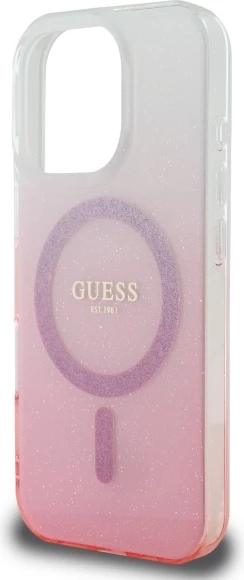 Mbështjellës Guess IML Glitter Gradient MagSafe për iPhone 16 Pro Max, Rozë