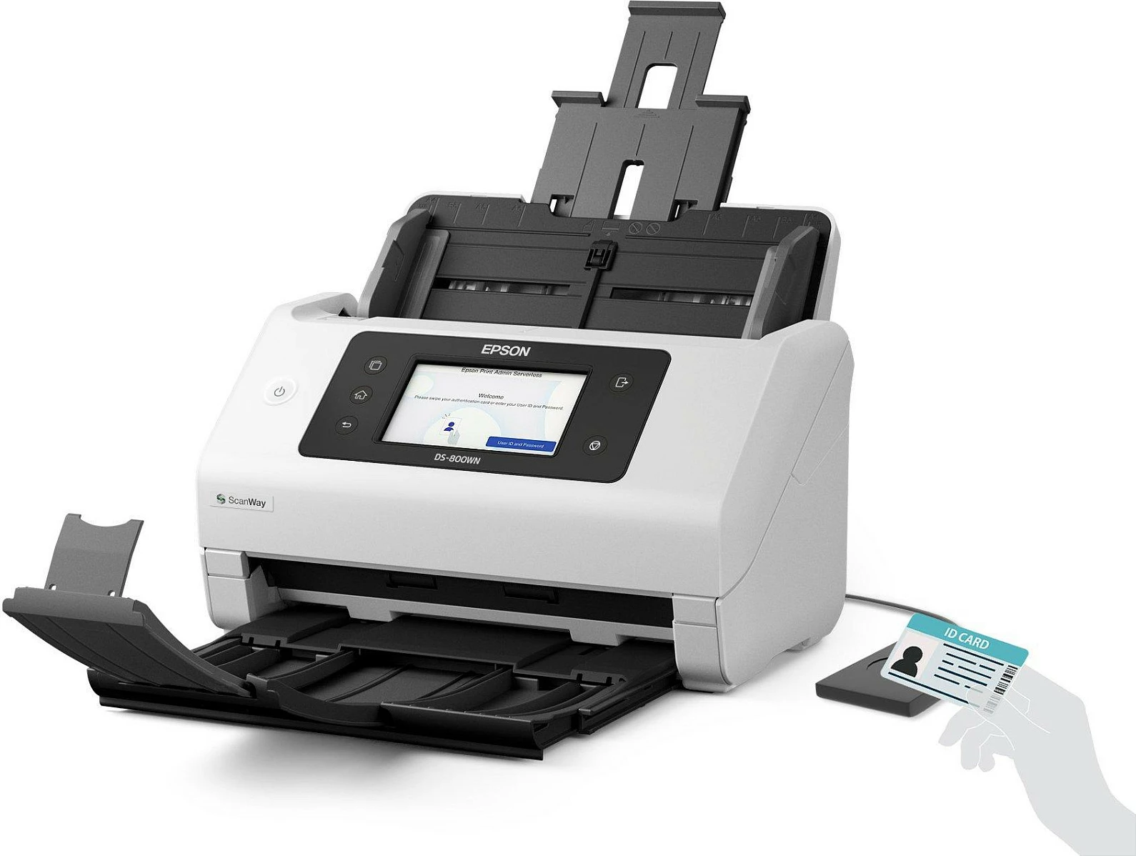 Skaner Epson WorkForce DS-800WN, A4/A3, Wi‑Fi/Ethernet, ADF 100 fletë, 50 ppm / 100 ipm, touchscreen, bardhë