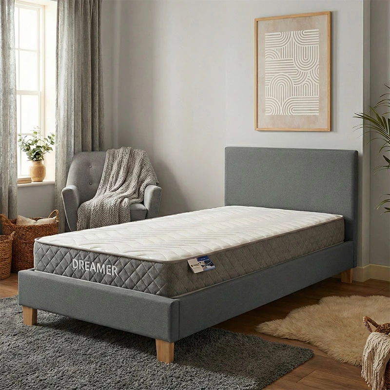 Krevat me dyshek Nevil-Dreamer, stof antracit, këmbë druri natyrale, 100x200cm