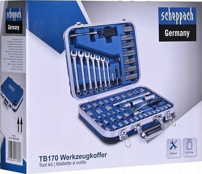 Set çelësash me llokma Scheppach TB170 135 copë, 1/4\" & 3/8\", Cr-V, me kuti veglash, argjendtë/blu
