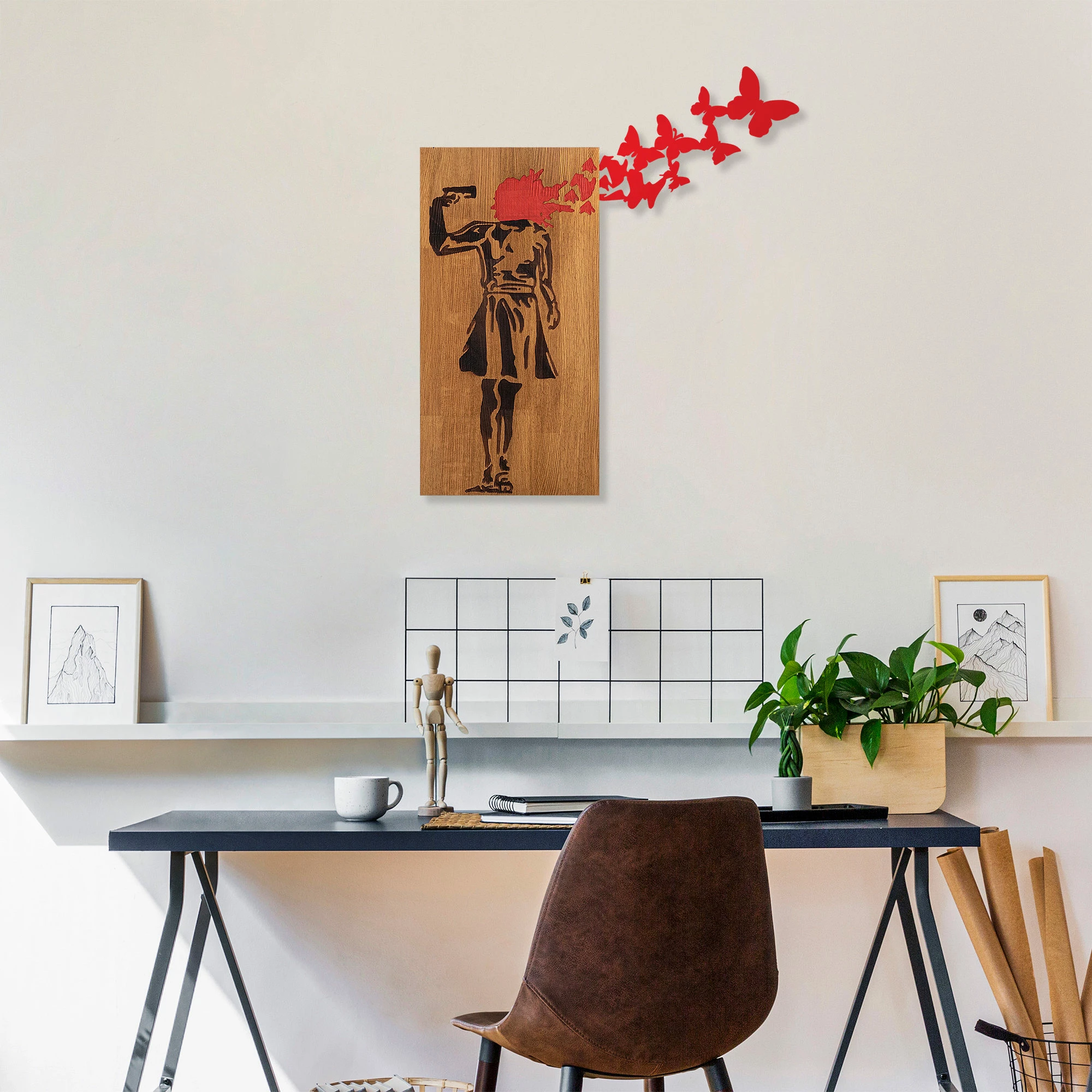 Aksesor dekorativ prej druri për mur, Wallity Banksy - 16, ngjyrë arre dhe e zezë, 99x34cm