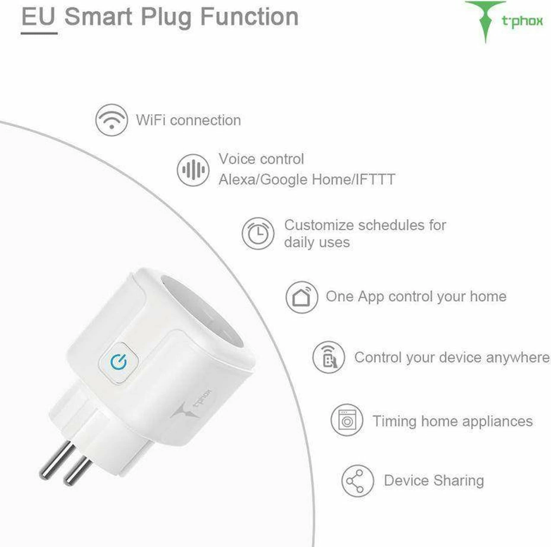 Prizë inteligjente T-Phox Smart Plug 20A, EU, e bardhë