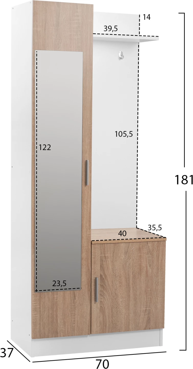 Mobilje për hyrje me pasqyrë Janice FH2264 Sonama Bardhë 70,3x37,1x181,8 cm