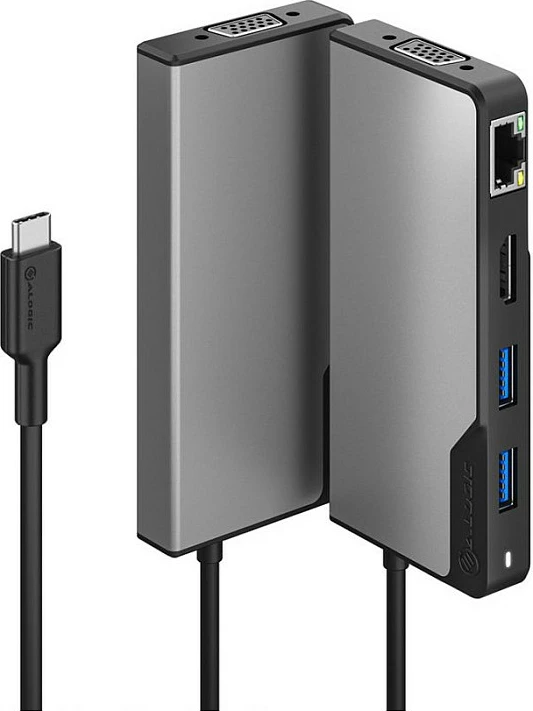USB-C hub ALOGIC 6-në-1 me HDMI, VGA, RJ-45, 2x USB-A, USB-C PD 100W, zi/hiri
