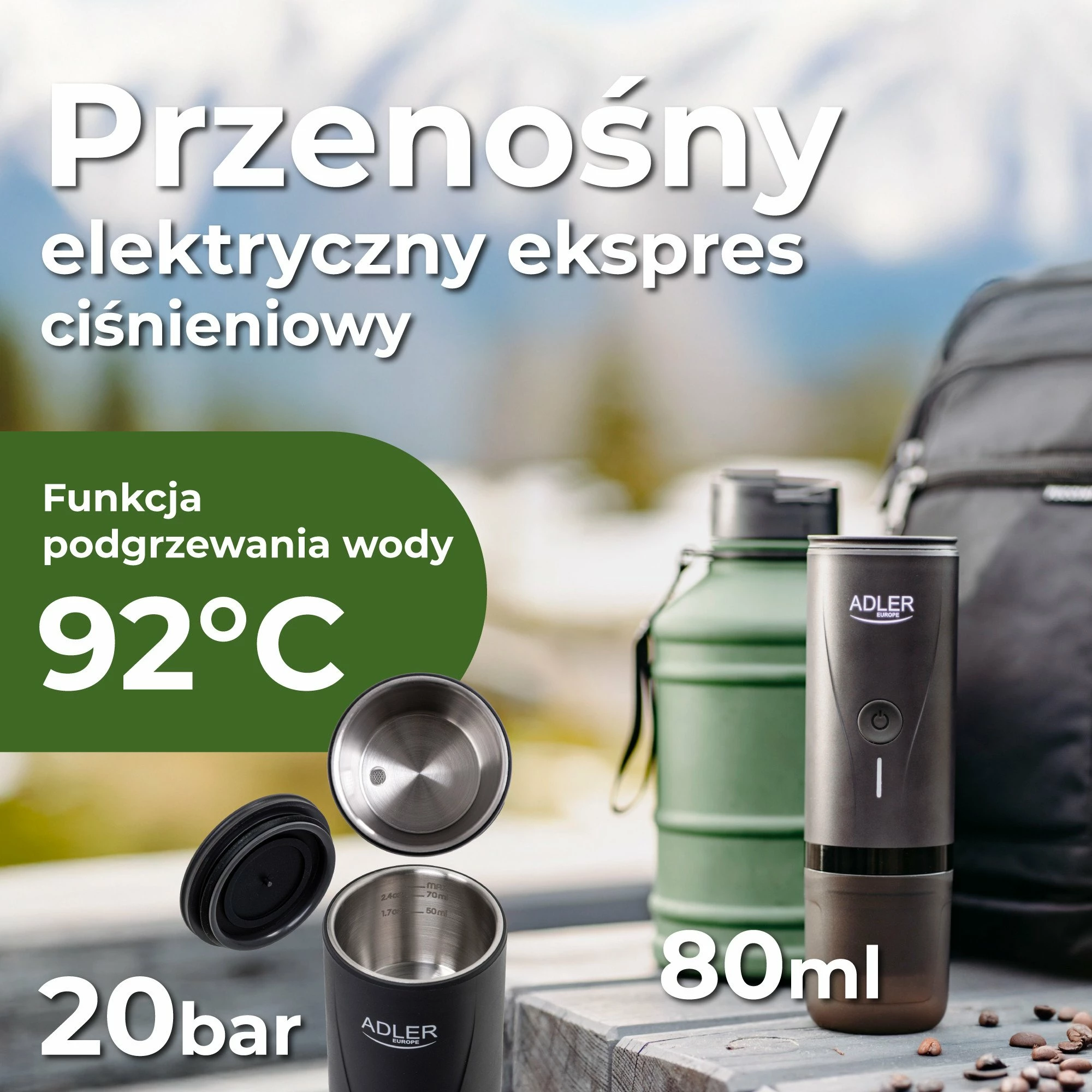 Makinë kafeje portative me kapsula Adler AD 4400, 20 bar, USB-C, 7500mAh, për Nespresso, e zezë