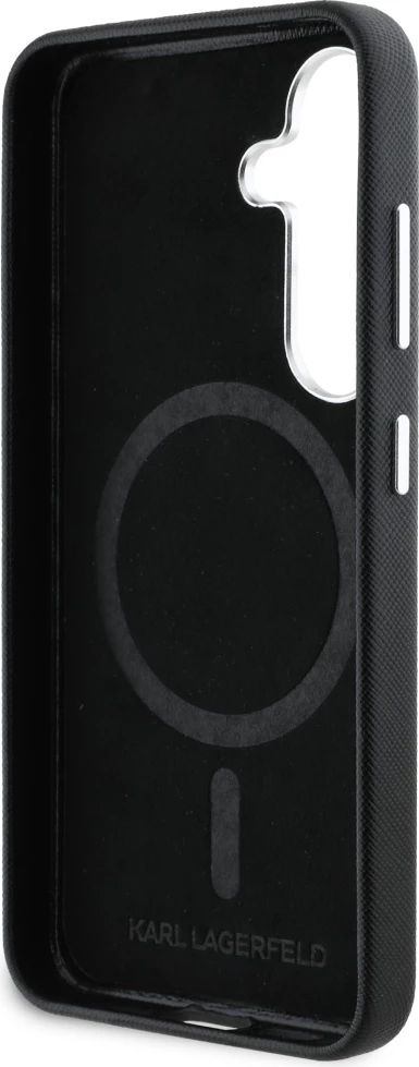 Mbështjellës Karl Lagerfeld Saffiano Full Wrapped Elongated Metal Logo MagSafe për Samsung Galaxy S25+, i zi
