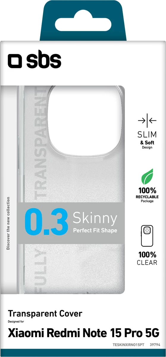 Mbështjellës telefoni SBS Skinny Cover për Xiaomi Redmi Note 15 Pro, TPU, transparent, në kuti