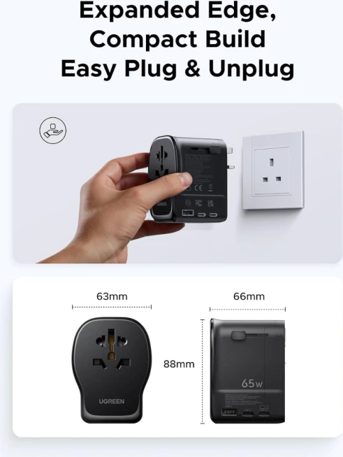 Adapter udhëtimi universal UGREEN 55001 (S550) 65W GaN, 2x USB-C + 1x USB-A, prizë AC universale, EU/UK/US/AU, i zi