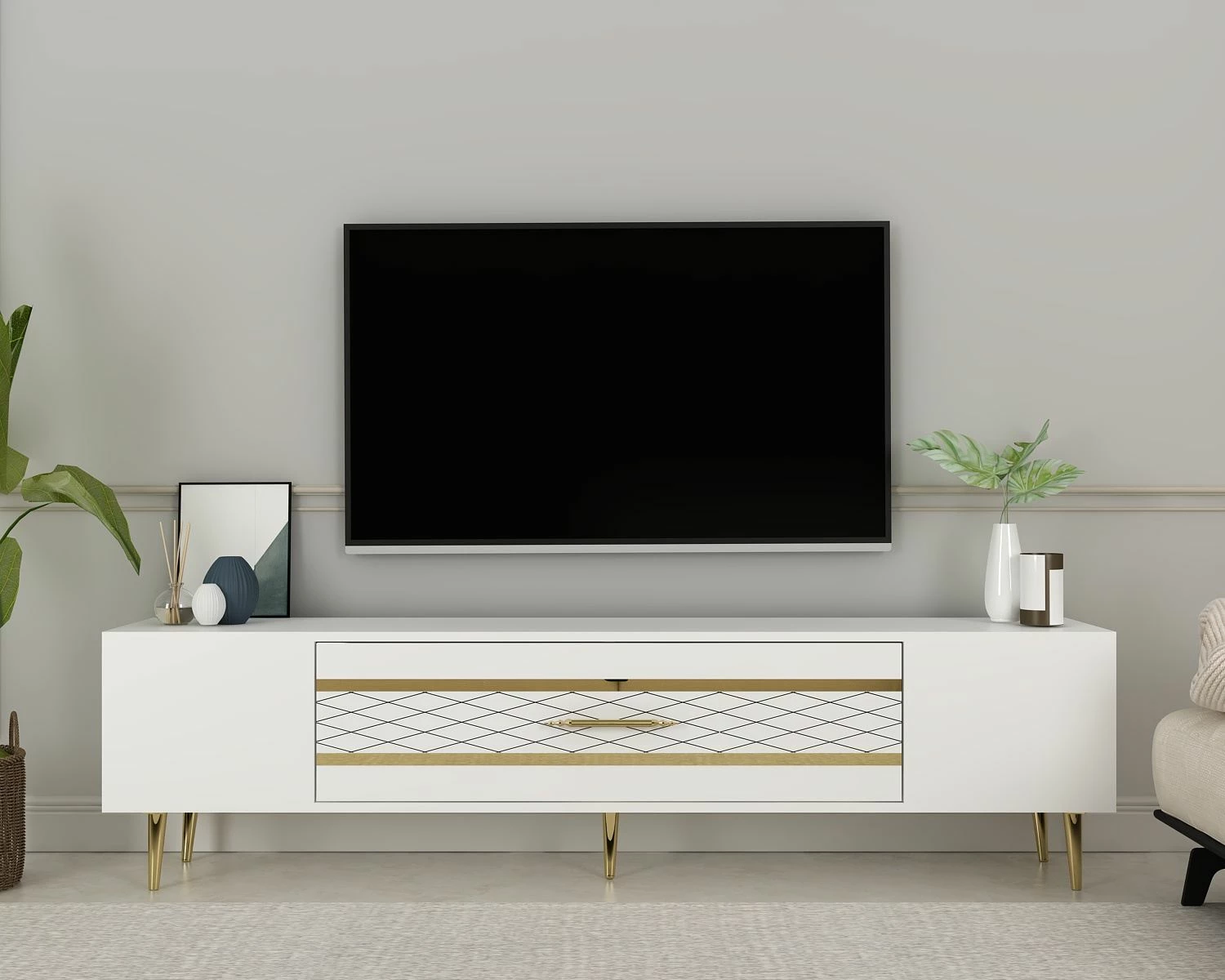 Komodë TV, ngjyrë e bardhë dhe ari, Skye Decor, Dekolp2