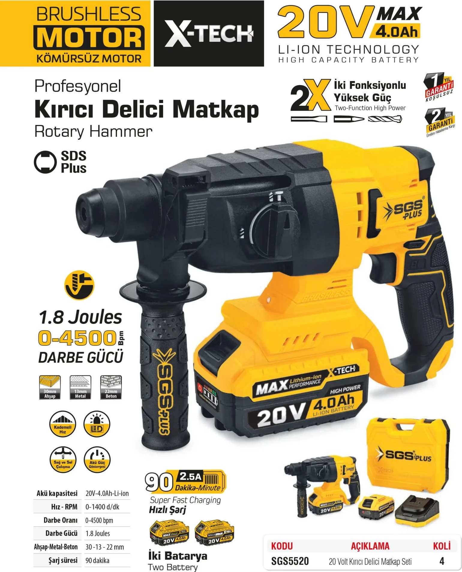 Trapan aku X-tech sgs5520 20V 4.0Ah