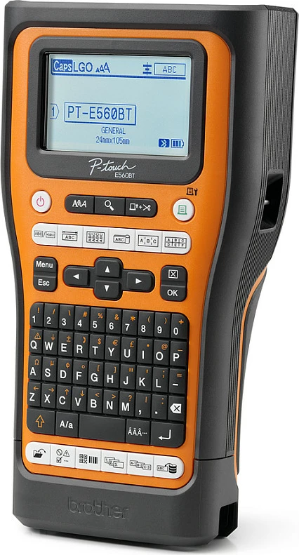 Printer etiketash Brother P-touch PT-E560BT, Bluetooth 5.0, USB, ekran me dritë, prerës automatik, portokalli/zi