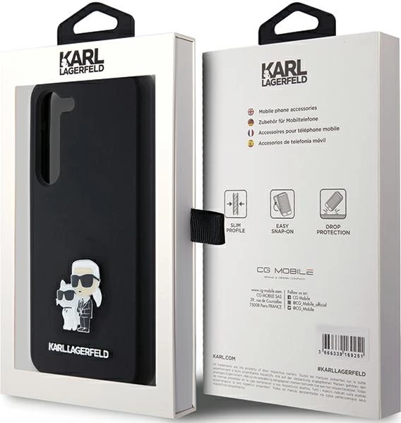Mbështjellës Karl Lagerfeld Silicone Karl&Choupette Metal Pin për Samsung Galaxy S23, i zi