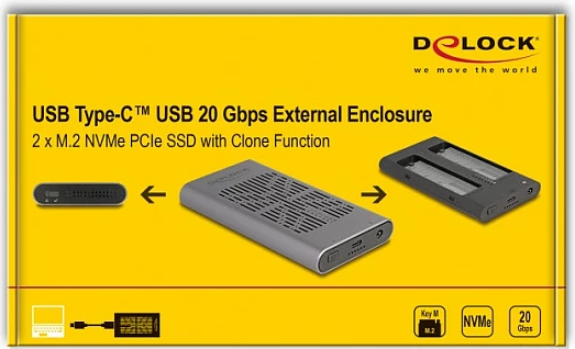 Enclosure ekstern SSD DeLOCK për 2x M.2 NVMe, USB-C, funksion Clone, 10 Gbit/s, Gri