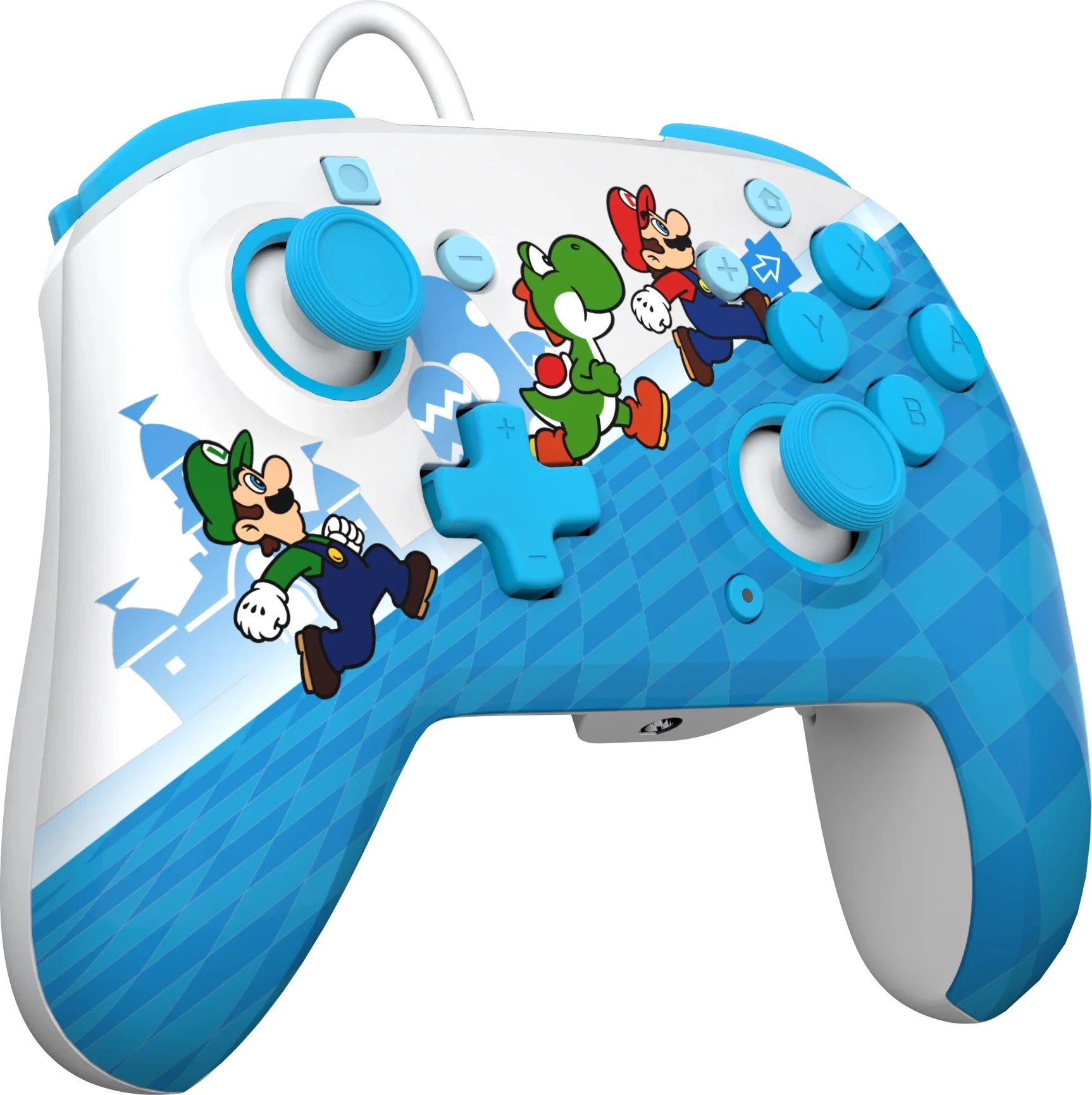 Kontroller i kablluar PDP Rematch Mario Escape për Nintendo Switch/Switch 2, audio 3.5mm, butona të programueshëm, blu/bardhë