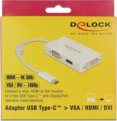 Adapter USB-C DeLOCK 63924, në VGA/HDMI/DVI, 4K 60Hz, 13 cm, i bardhë