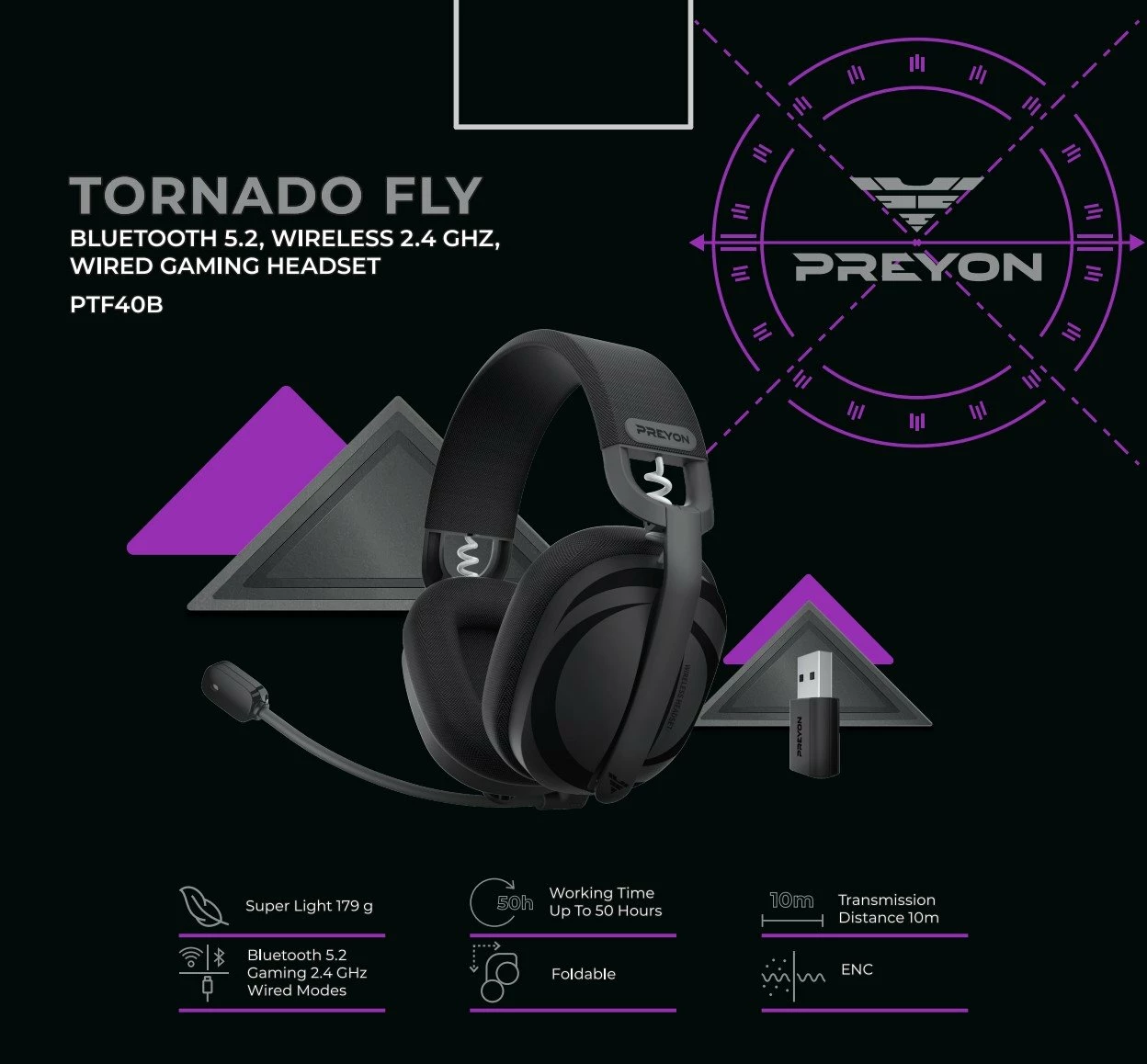 Kufje gaming PREYON Tornado Fly PTF40B, 7.1, Bluetooth 5.2 + wireless 2.4GHz, bateri deri 50h, e zezë