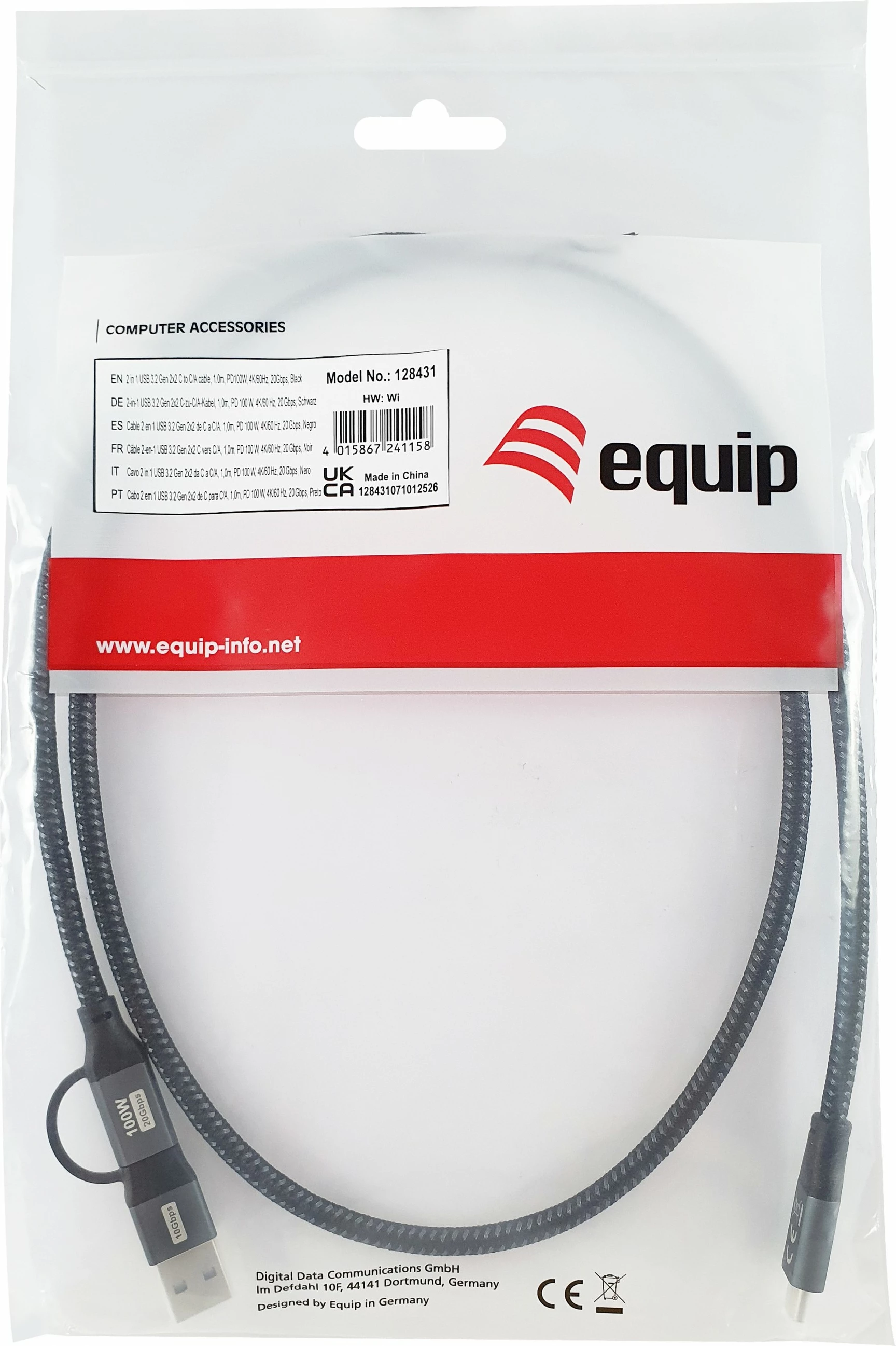 Kabllo USB-C në USB-A Equip 3.2, 1m, 20Gbps, e zezë