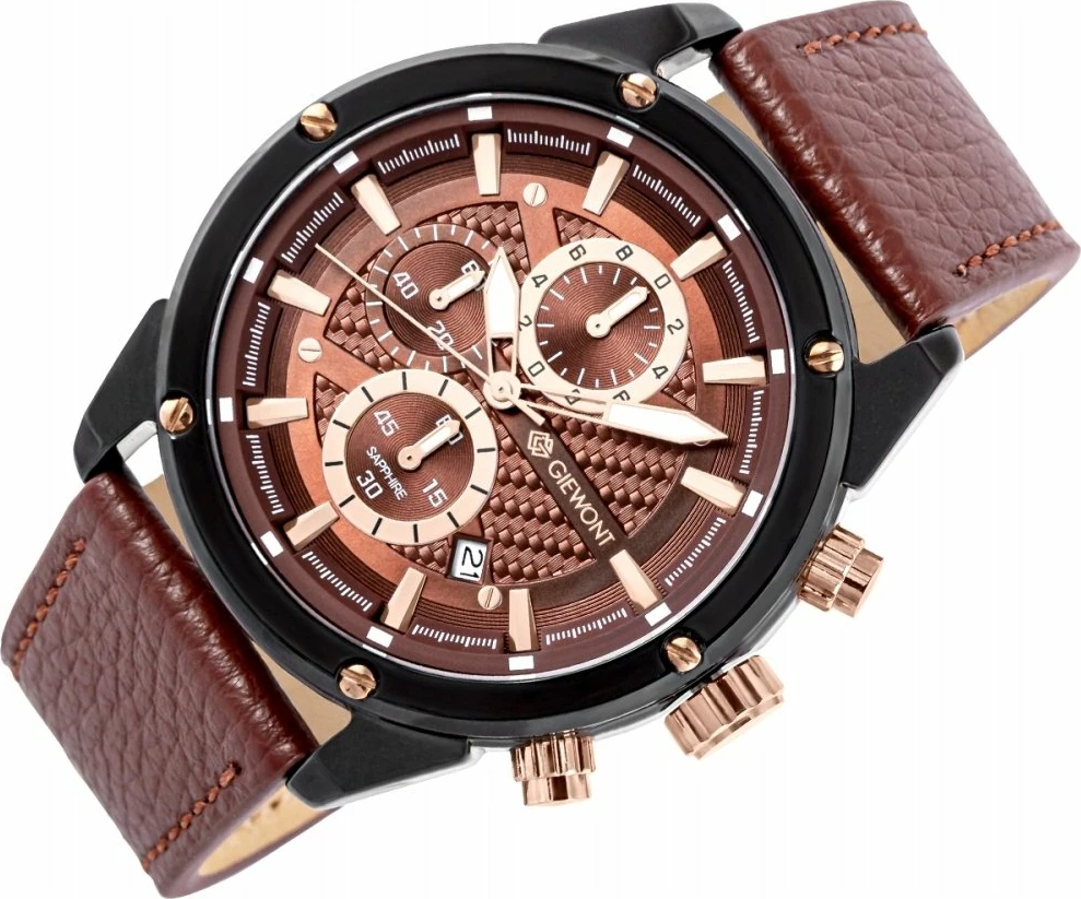Orë dore Giewont GW8810-A3 Chronograph kuarc qelq safiri 45 mm rrip lëkure, kafe/zezë