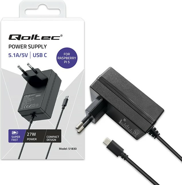 Karikues mur Qoltec 51830 për Raspberry Pi 5, USB-C, 27W, i zi