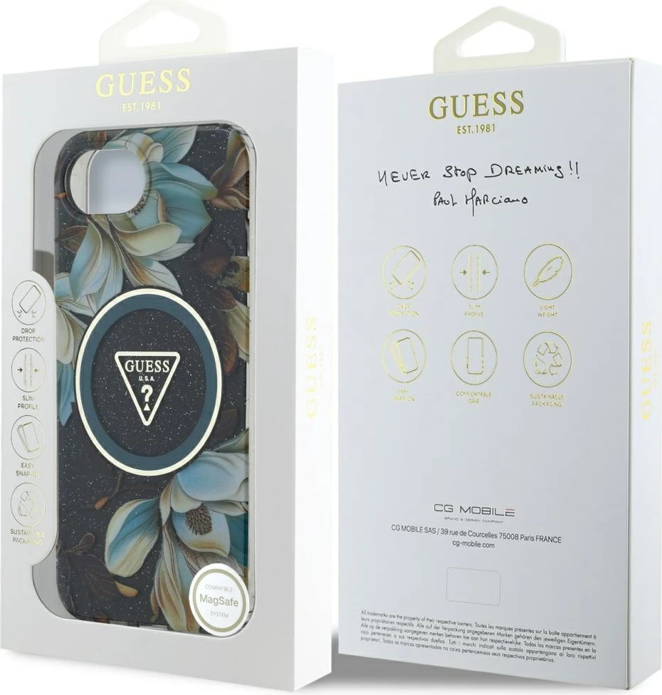 Mbështjellës Guess IML Metal Glitter Flowers Triangle MagSafe për iPhone 16e, zi