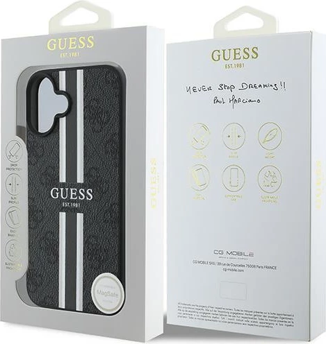 Mbështjellës Guess 4G Printed Stripes MagSafe për iPhone 16 Plus, i zi