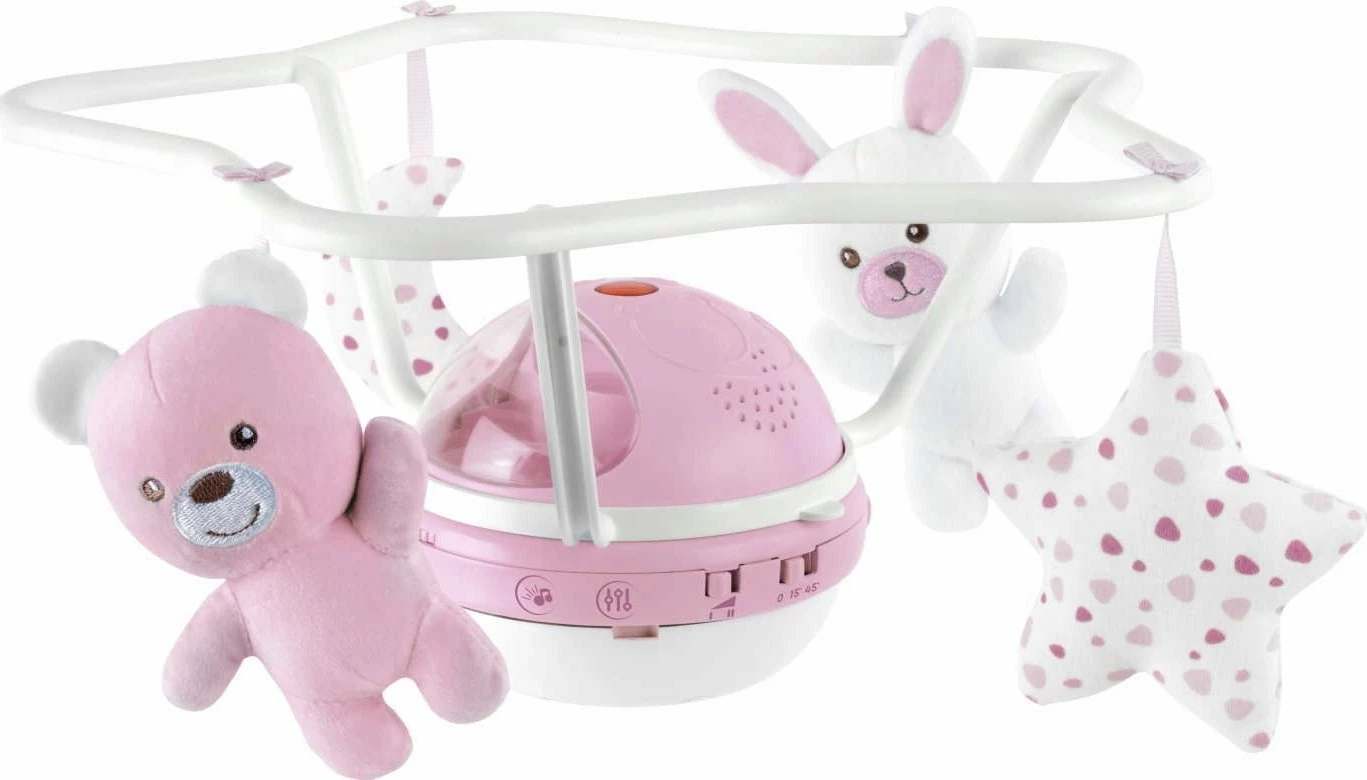 Karusel muzikor për krevat Chicco First Dreams Rainbow 3-in-1, 45 min melodi, 57 x 47 x 33 cm, CHICZ-0933, rozë, set me 4 pelusha