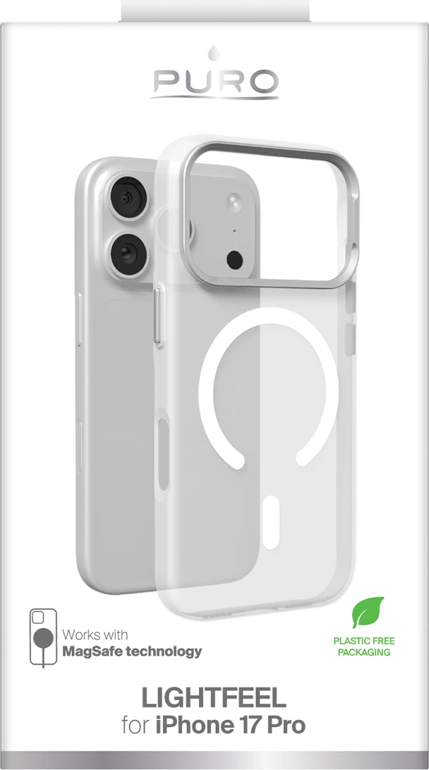 Mbështjellës Puro Lightfeel për iPhone 17 Pro, kompatibil me MagSafe, me unazë magnetike, transparent/bardhë, me kuti