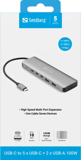 Docking station USB-C Sandberg 136-79, 5xUSB-C + 2xUSB-A, 10Gb/s, Power Delivery 100W, gri