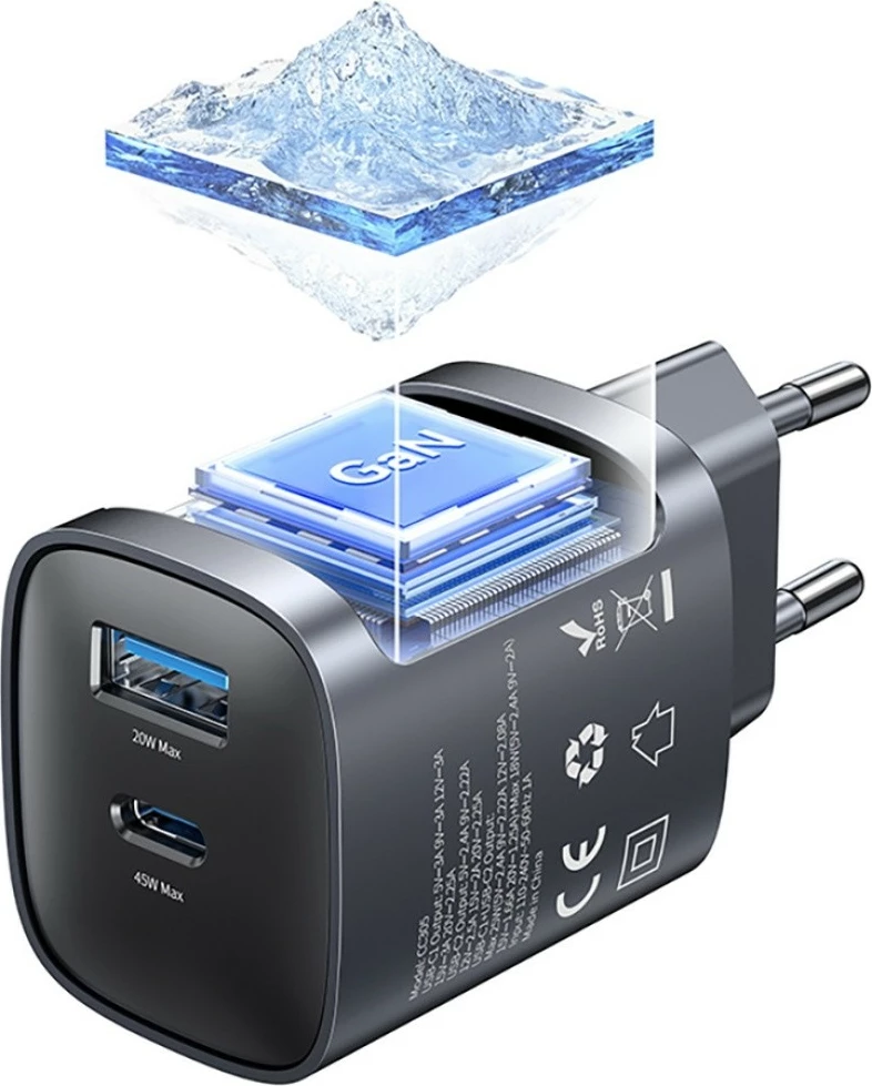 Karikues muri GaN 45W, USAMS CC290 T66 (USA001666), 1x USB-C + 1x USB-A, PD/QC, i zi