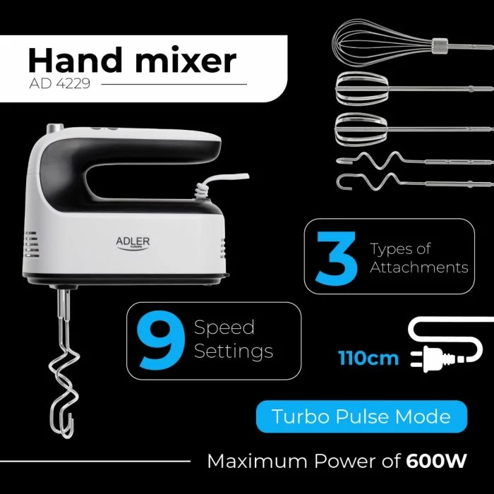 Mikser dore Adler AD4229 9-shpejtësi 600W max me ekran LCD, set 5 aksesorë, bardhë/zi