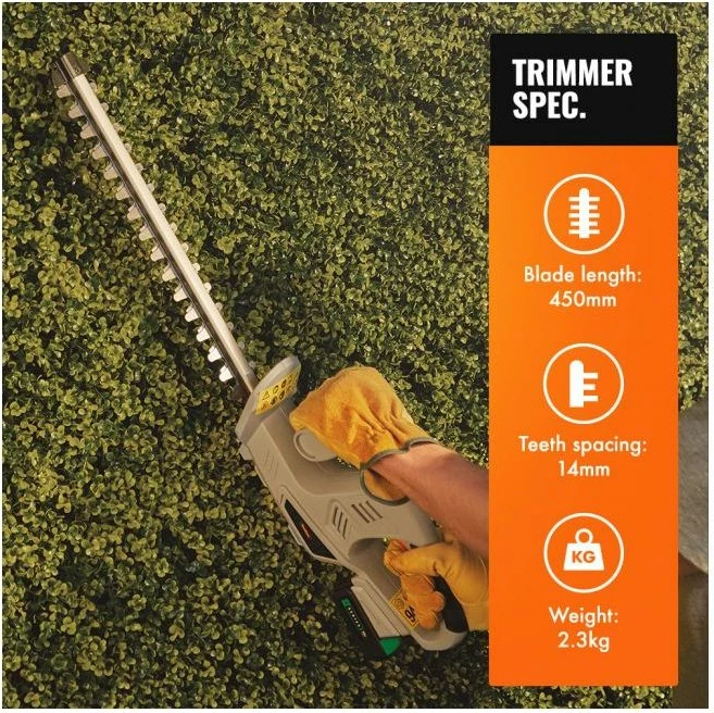 Prerëse shkurresh pa kabllo VonHaus F-Series 12V MAX 2.0Ah, teh 45 cm, prerje 14 mm, me bateri dhe karikues, gri/portokalli