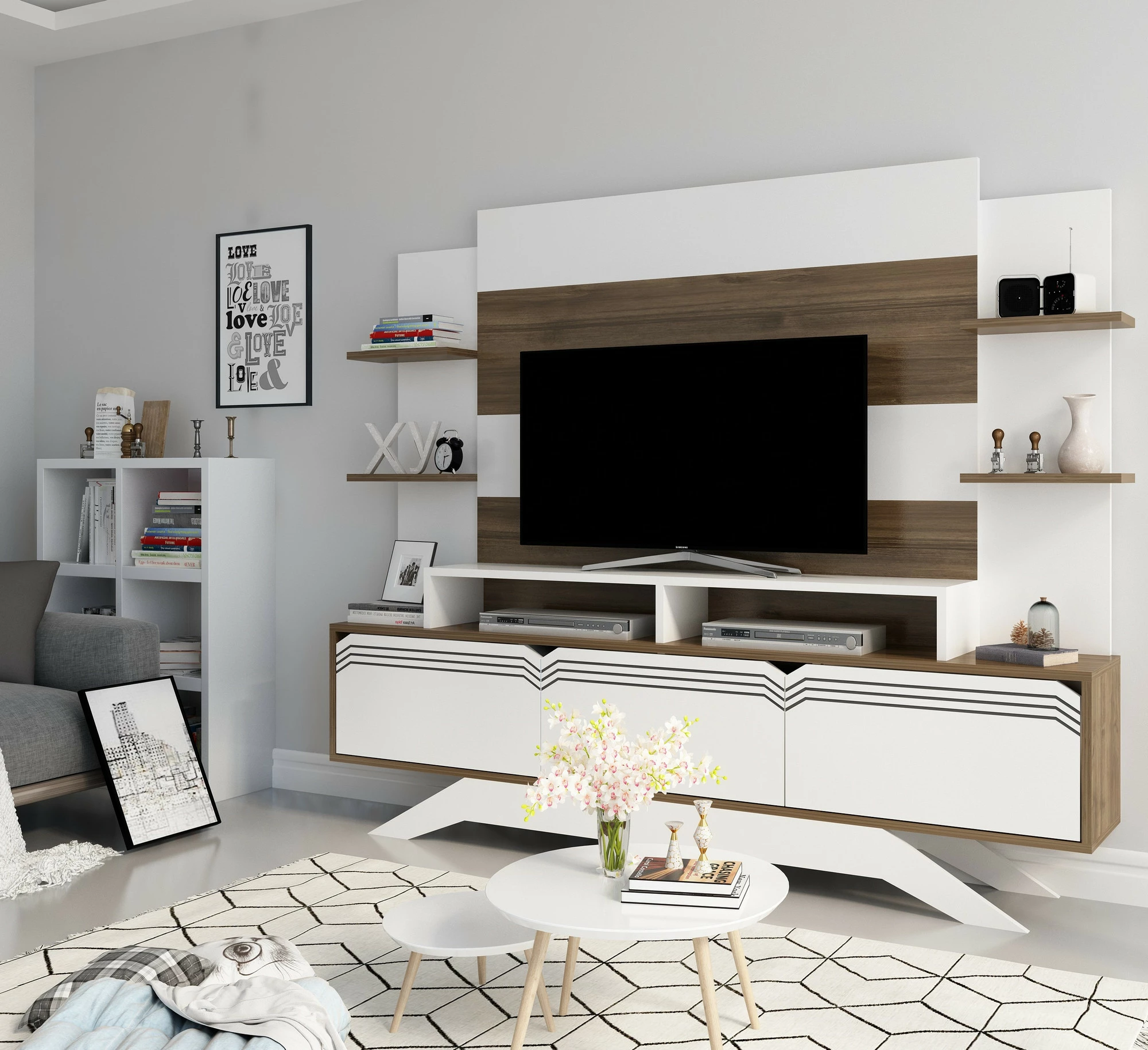 Komodë TV Hanah Home, Delpi, ngjyrë arre dhe e bardhë