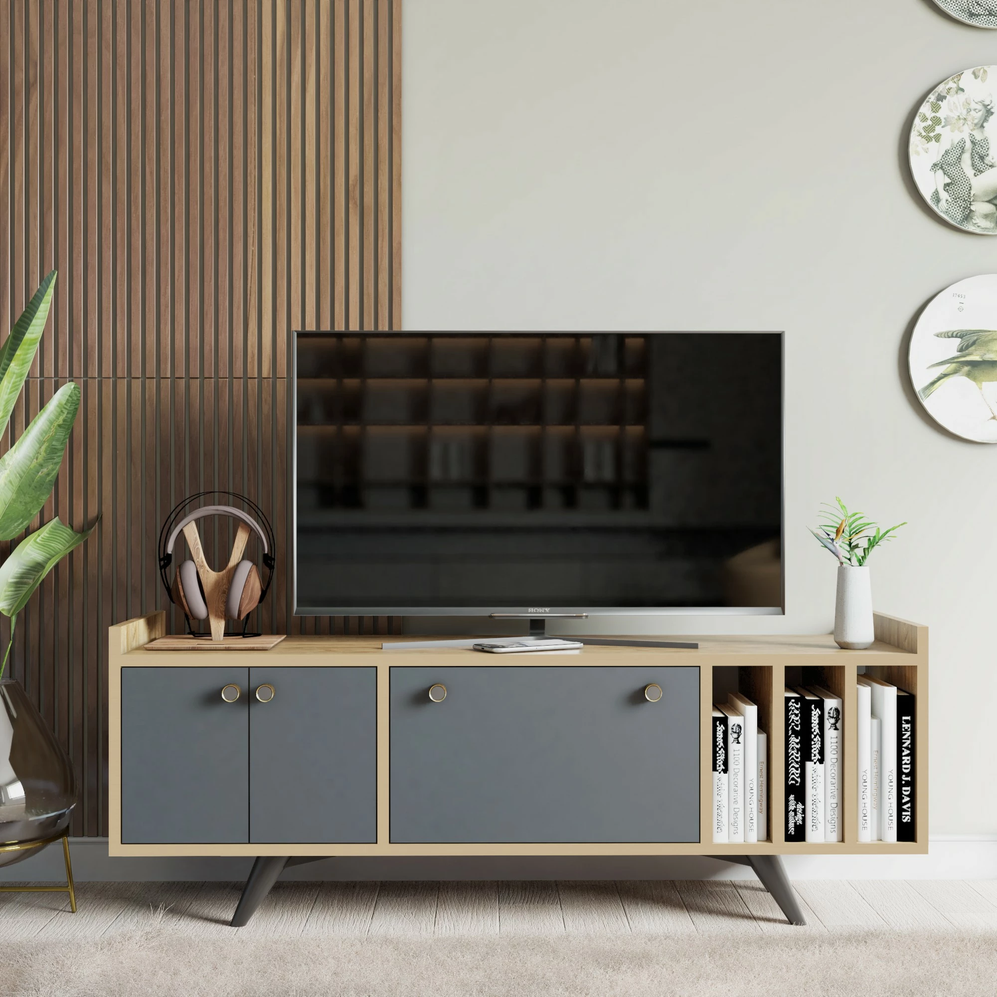 Komodë TV Skye Decor, Maribor, anthracite dhe lis, 150x40x62cm