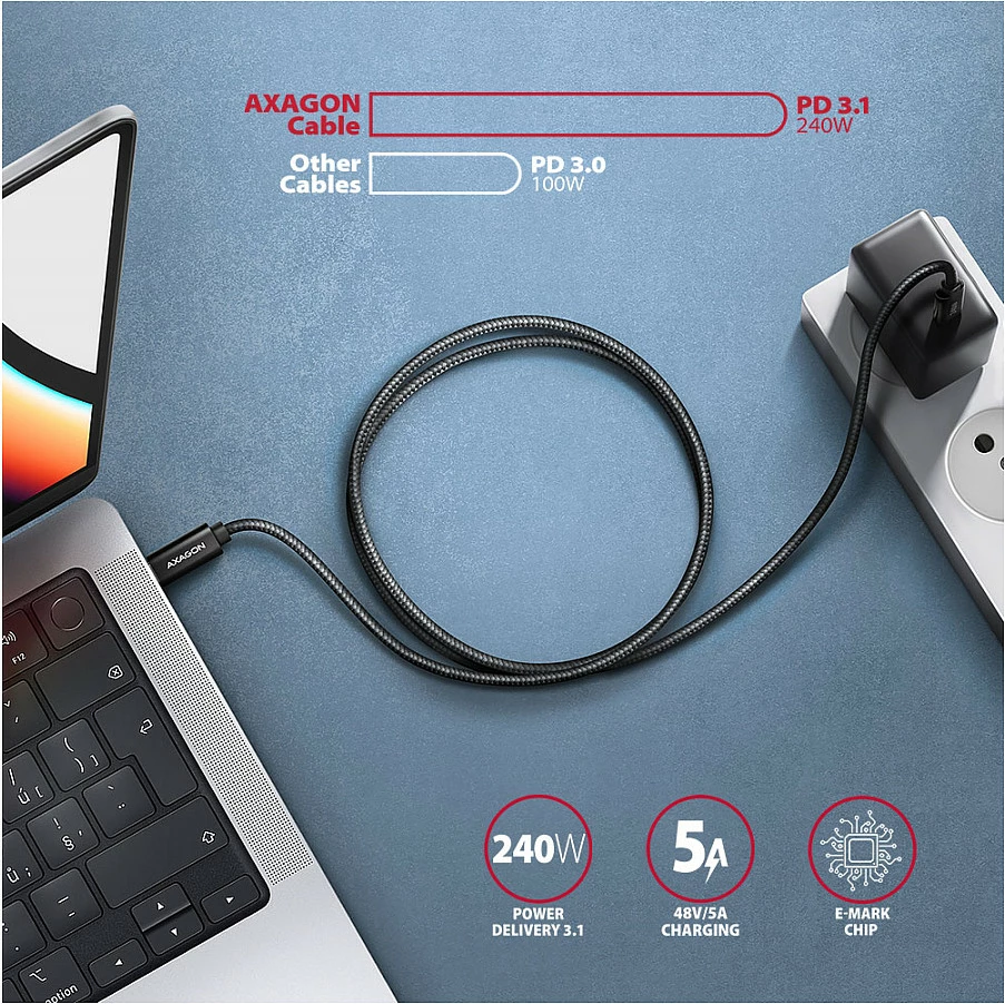 Kabllo karikimi Axagon BUCM2-CM15AB, USB-C në USB-C, 1.5 m, PD 240W, 5A, e zezë
