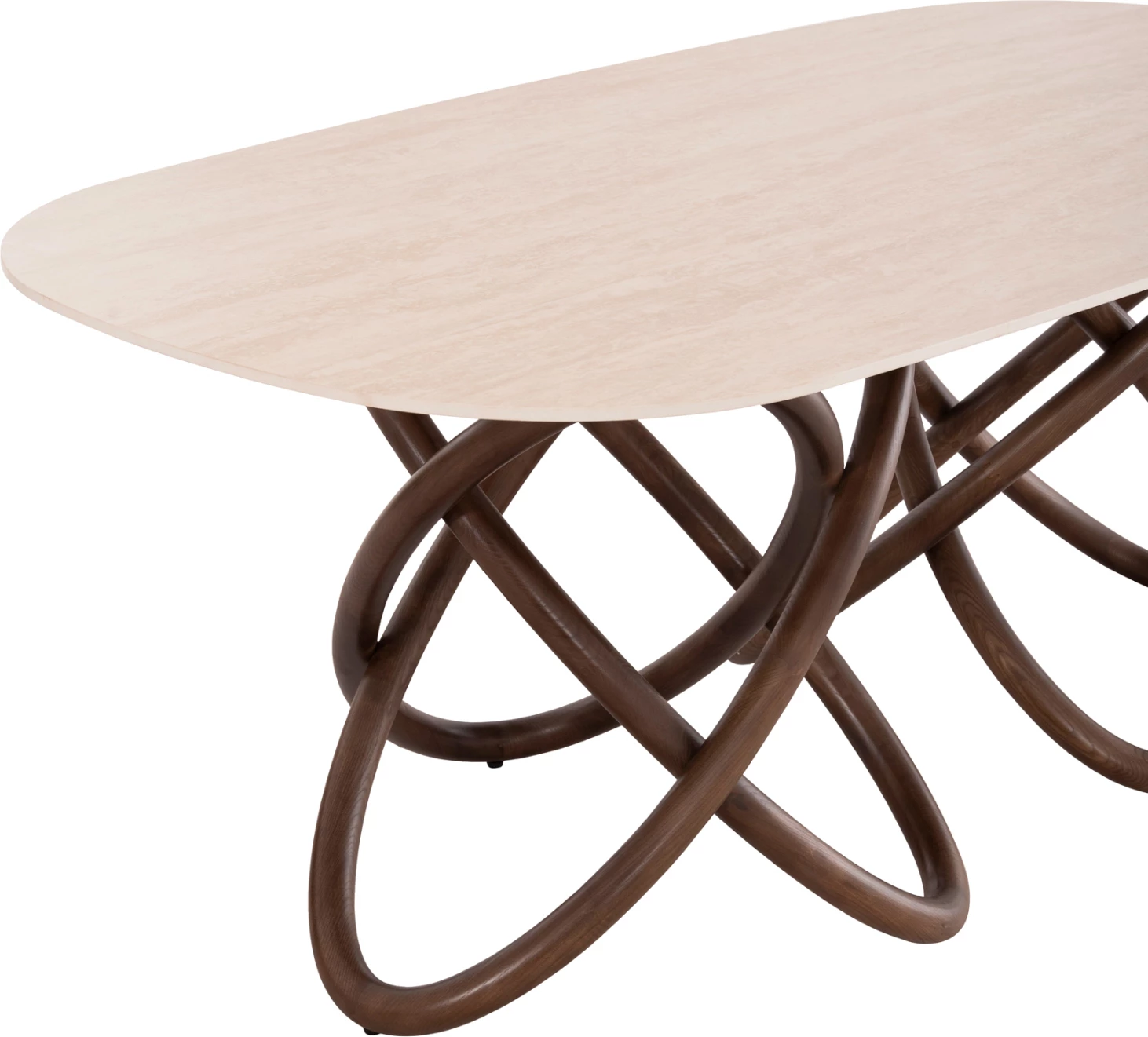 Tavolinë ngrënieje Orbiter, sipërfaqe qeramike krem travertin, këmbë dru frashëri ngjyrë arre