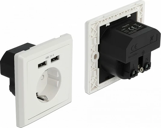Prizë muri DeLOCK 11471, Schuko CEE 7/3 me 2x USB-A 2.4A, mbrojtje nga mbitensioni, e bardhë