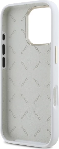 Mbështjellës Guess Silicone Logo Strass 4G për iPhone 16 Pro, Bardhë