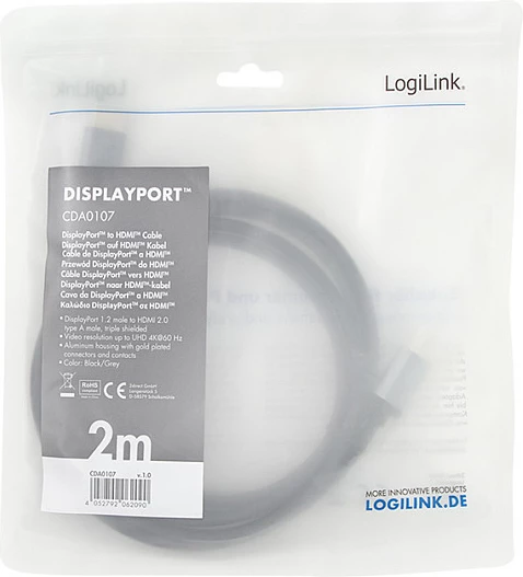 Kabllo DisplayPort në HDMI LogiLink, 4K/60Hz, 2 m, zi/gri